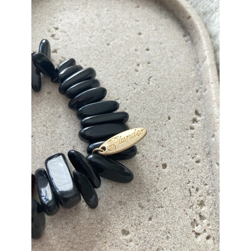 Plunder Black Beaded Stretch Bracelet Gold Tone Druzy Bar Statement Glam Couture